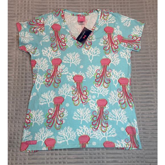 NWT Simply Southern Shirt Womens XL Jellyfish Print V Neck Short Sleeve New Gift - Picture 1 of 7
